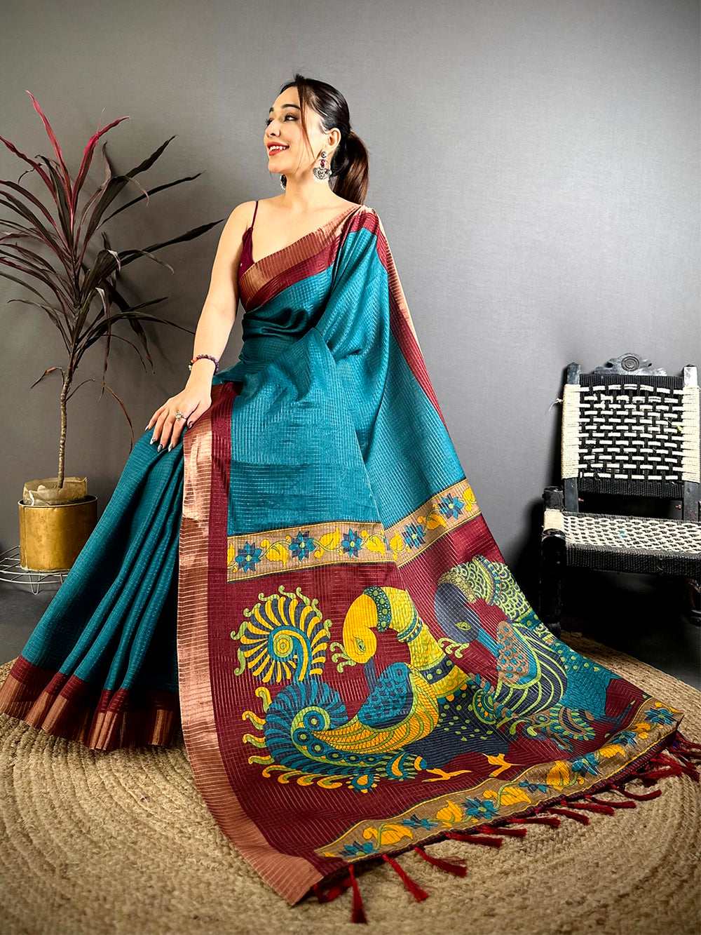 Teal Tussar Zari Chex Kalamkari Saree