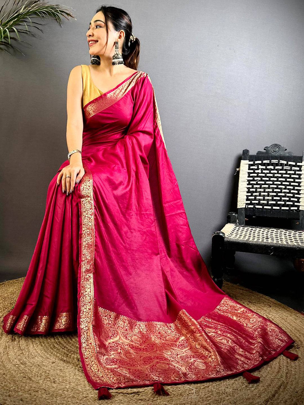 Cherry Red Hand Dyed Pure Viscose Saree