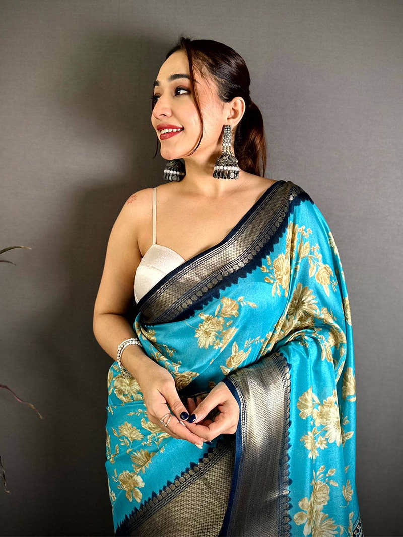 Aqua Dola Big Floral Zari Kanchi Saree