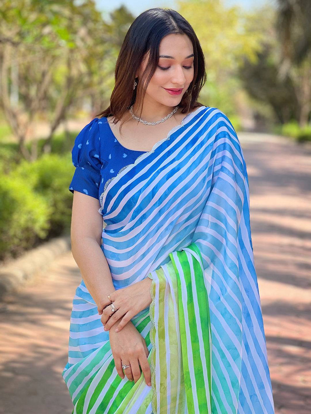 Striped Leheriya Saree in blue and green hues
