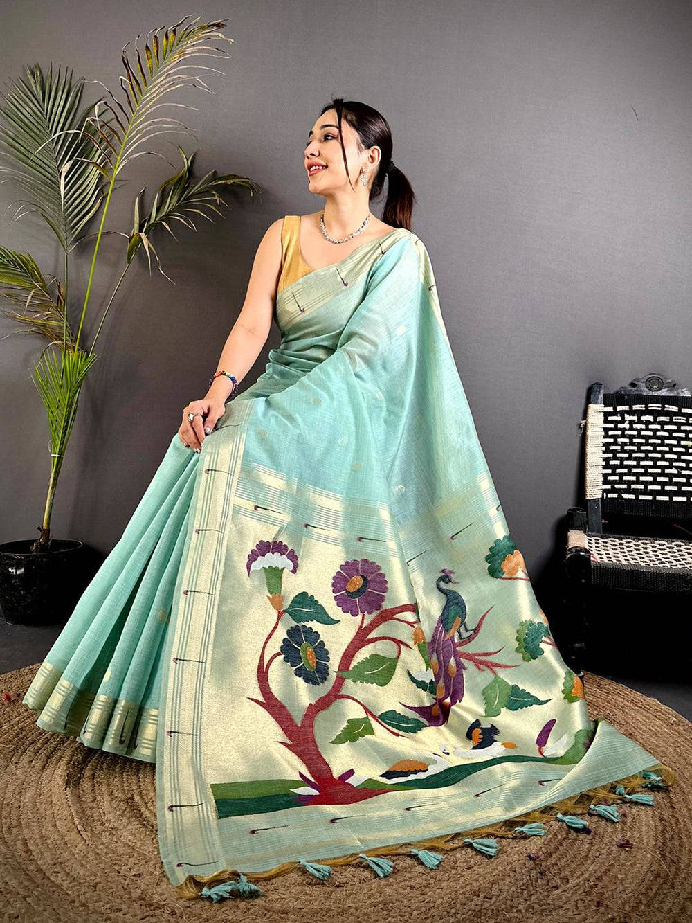 Sky Blue Minakari Grace Khadi Linen Saree



