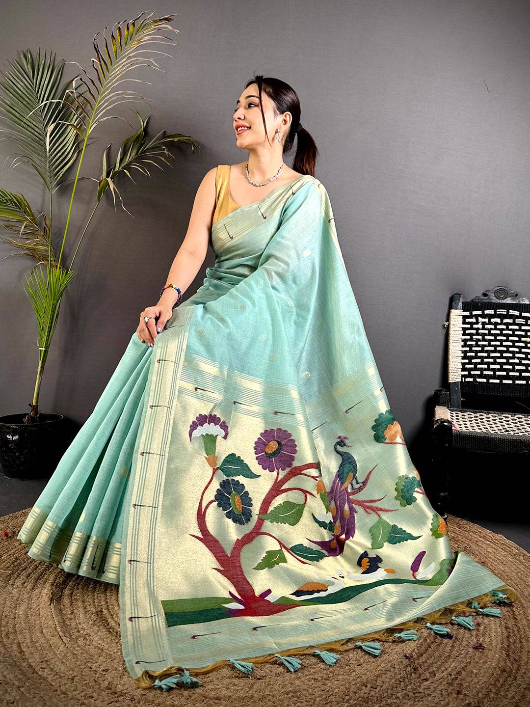 Sky Blue Minakari Grace Khadi Linen Saree



