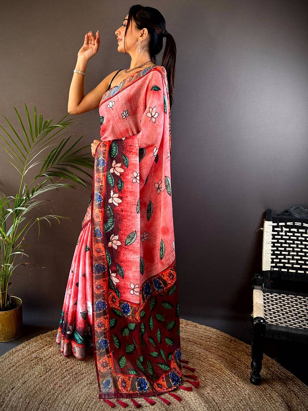 Pink Georgette Pichwai Print Saree