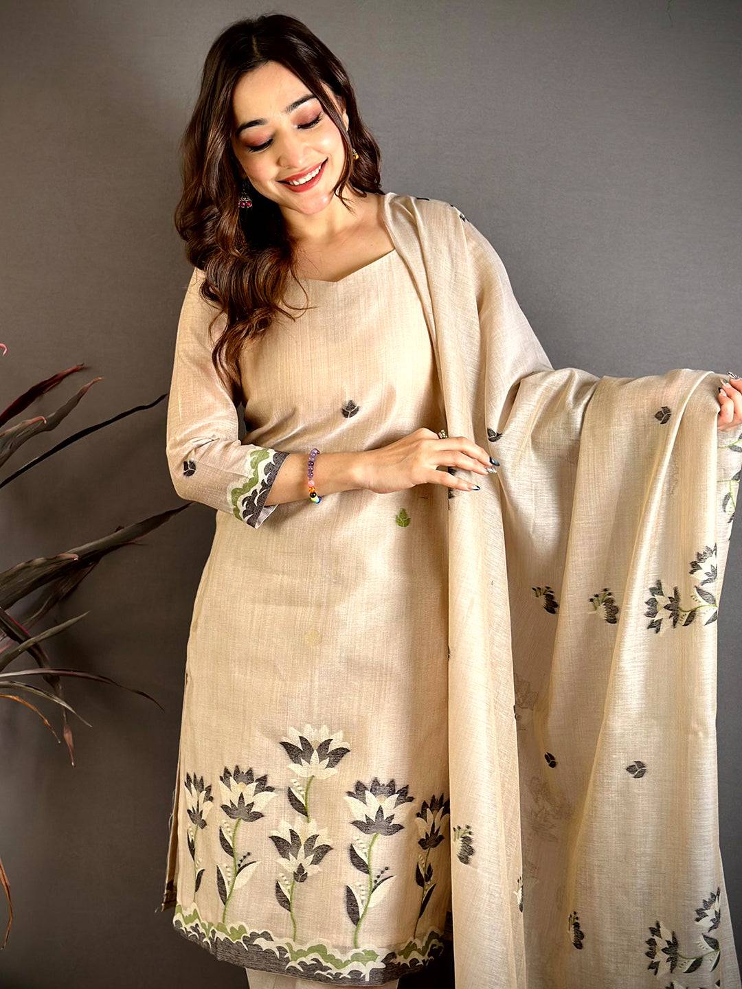 Classic Taupe Floral Cotton Dress