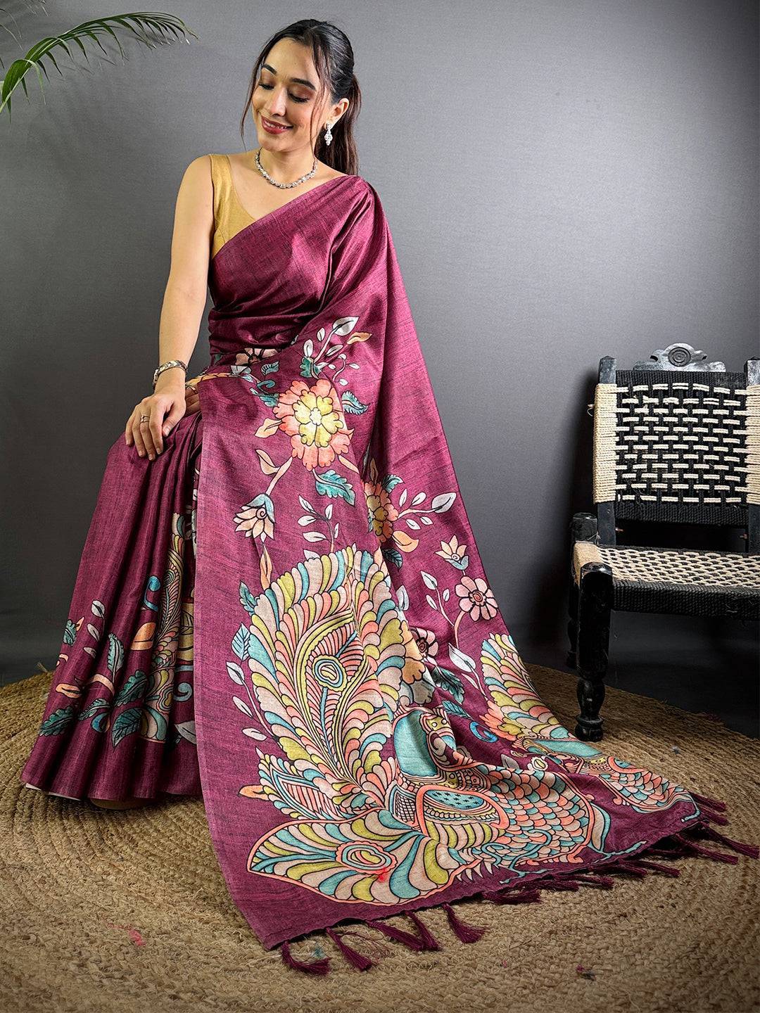 Wine Soft Semi Tussar Digital Print Saree

