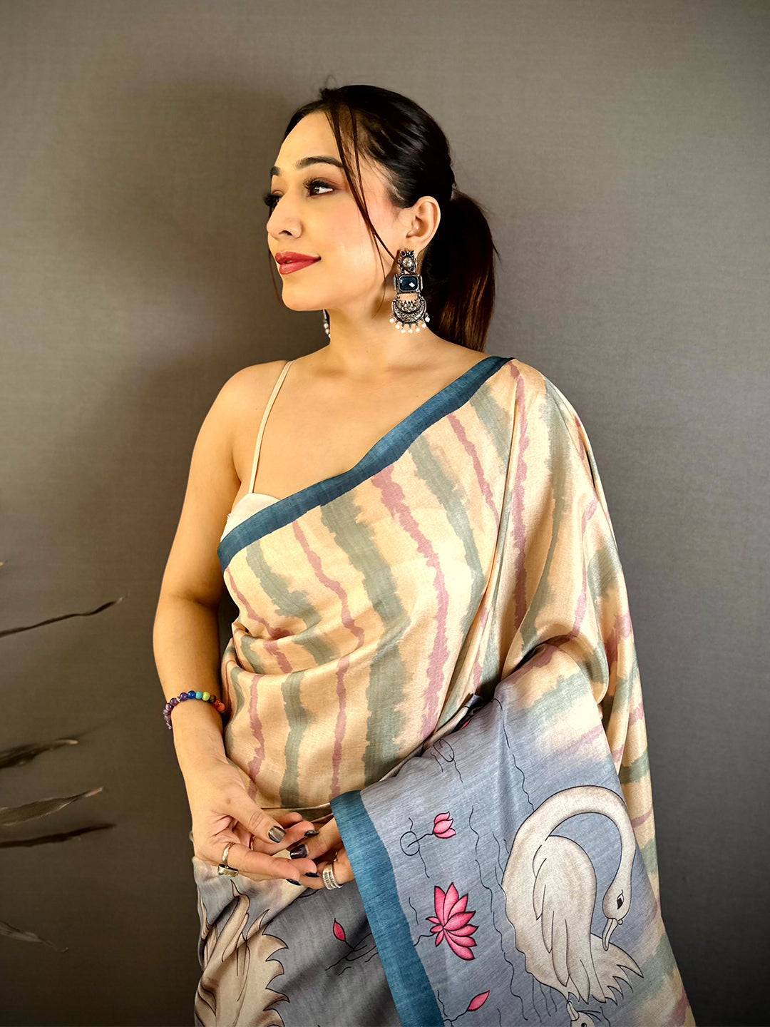 Radiant Soft Tussar Swan Print Saree