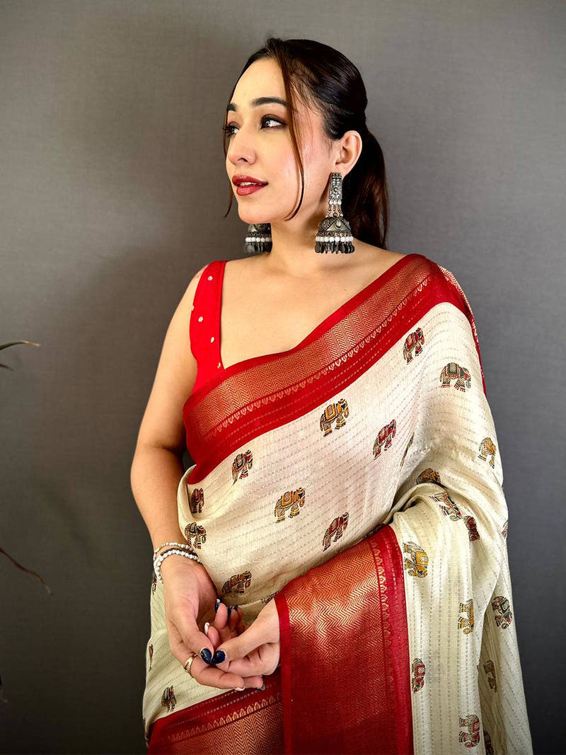 Radiant Ajrakh Block Kalamkari Dola Saree