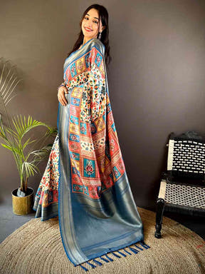 Blue Mughal Kalamkari Print Pashmina Saree