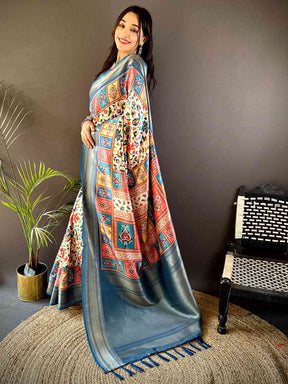 Blue Mughal Kalamkari Print Pashmina Saree