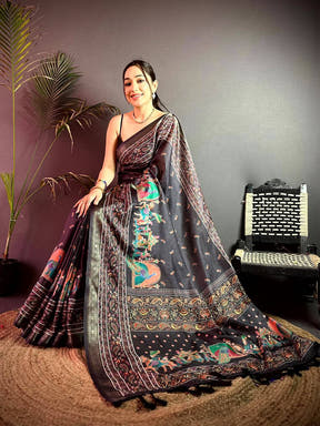 Coffee Kashmiri Kalamkari Soft Silk Saree
