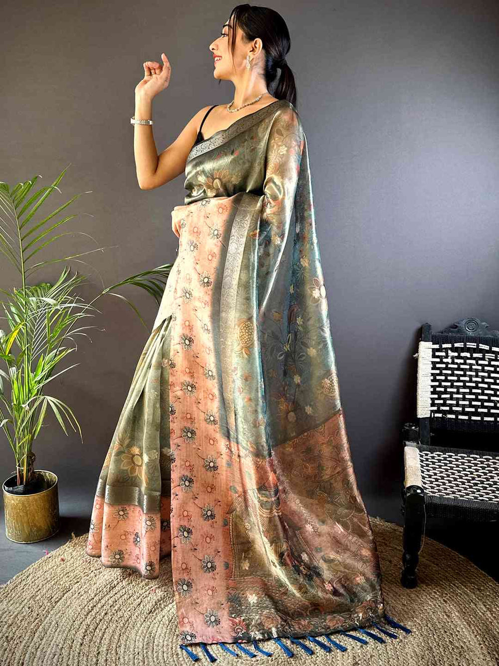 Olive Floral Satin Bentex Border Saree