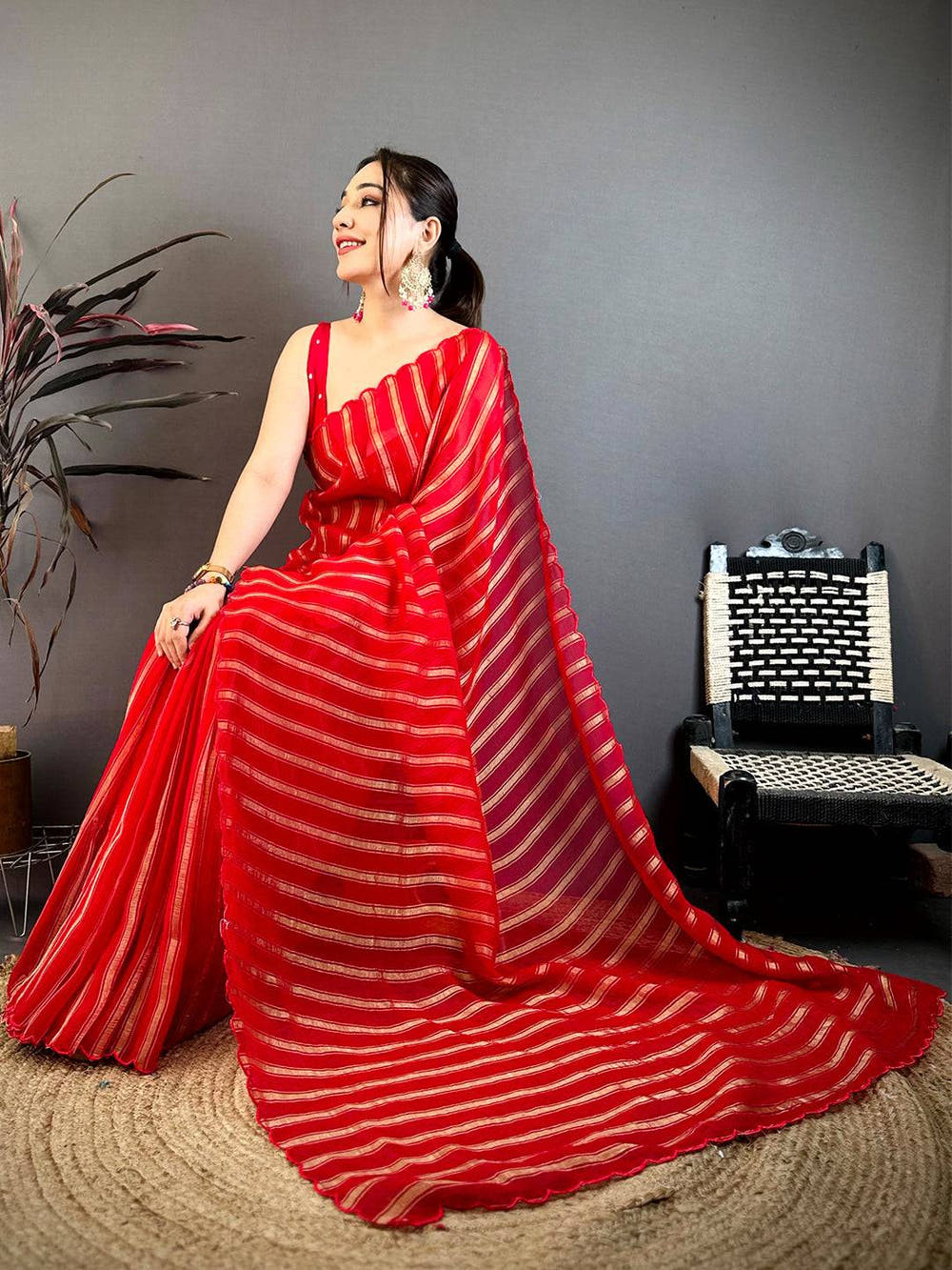 Red Gold Zari Stripe Chiffon Saree