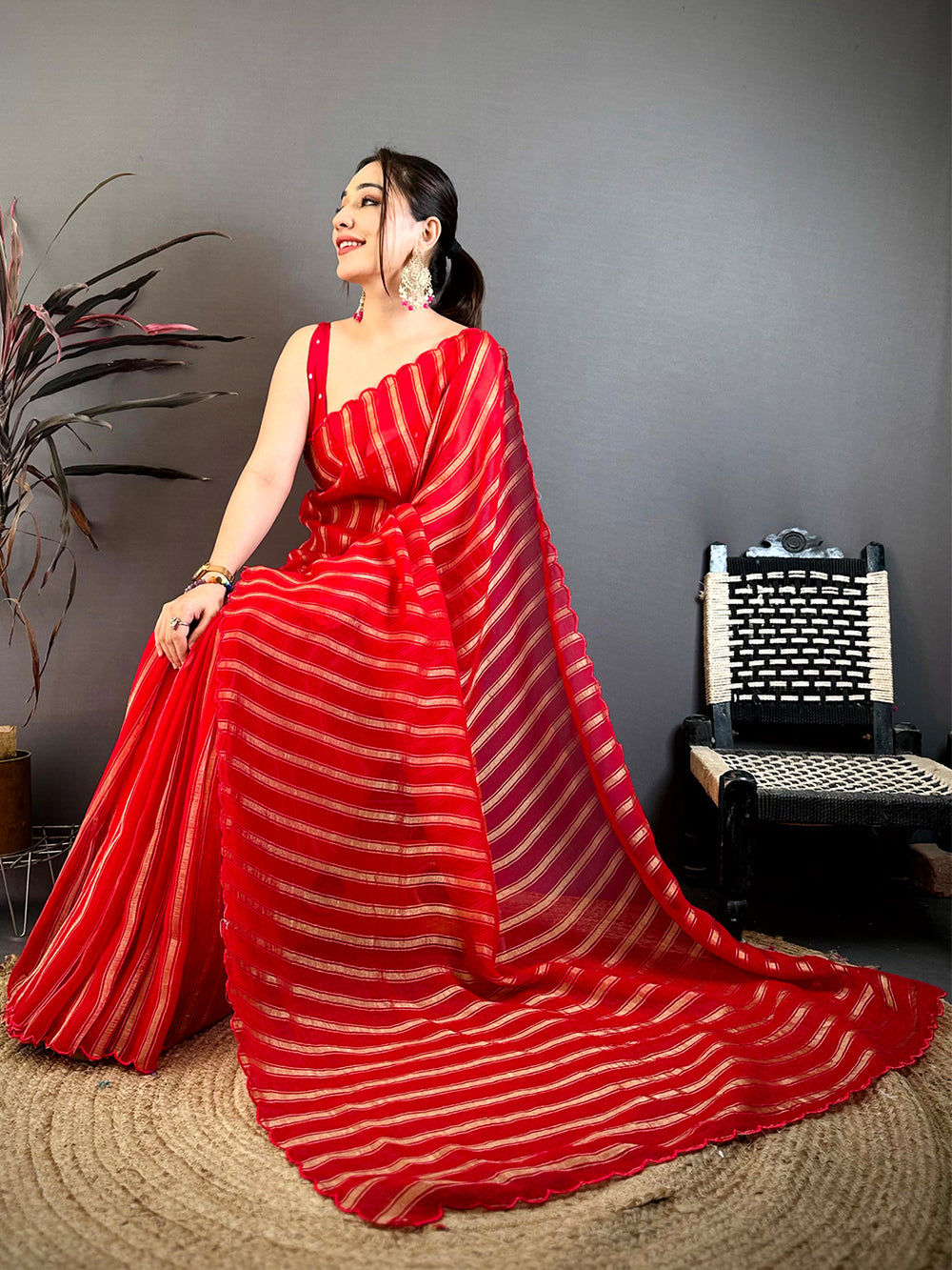 Red Gold Zari Stripe Chiffon Saree