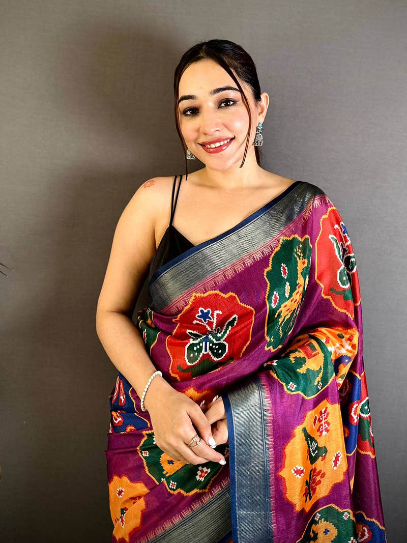 Wine Soft Dola Big Ikkat Minakari Print Saree