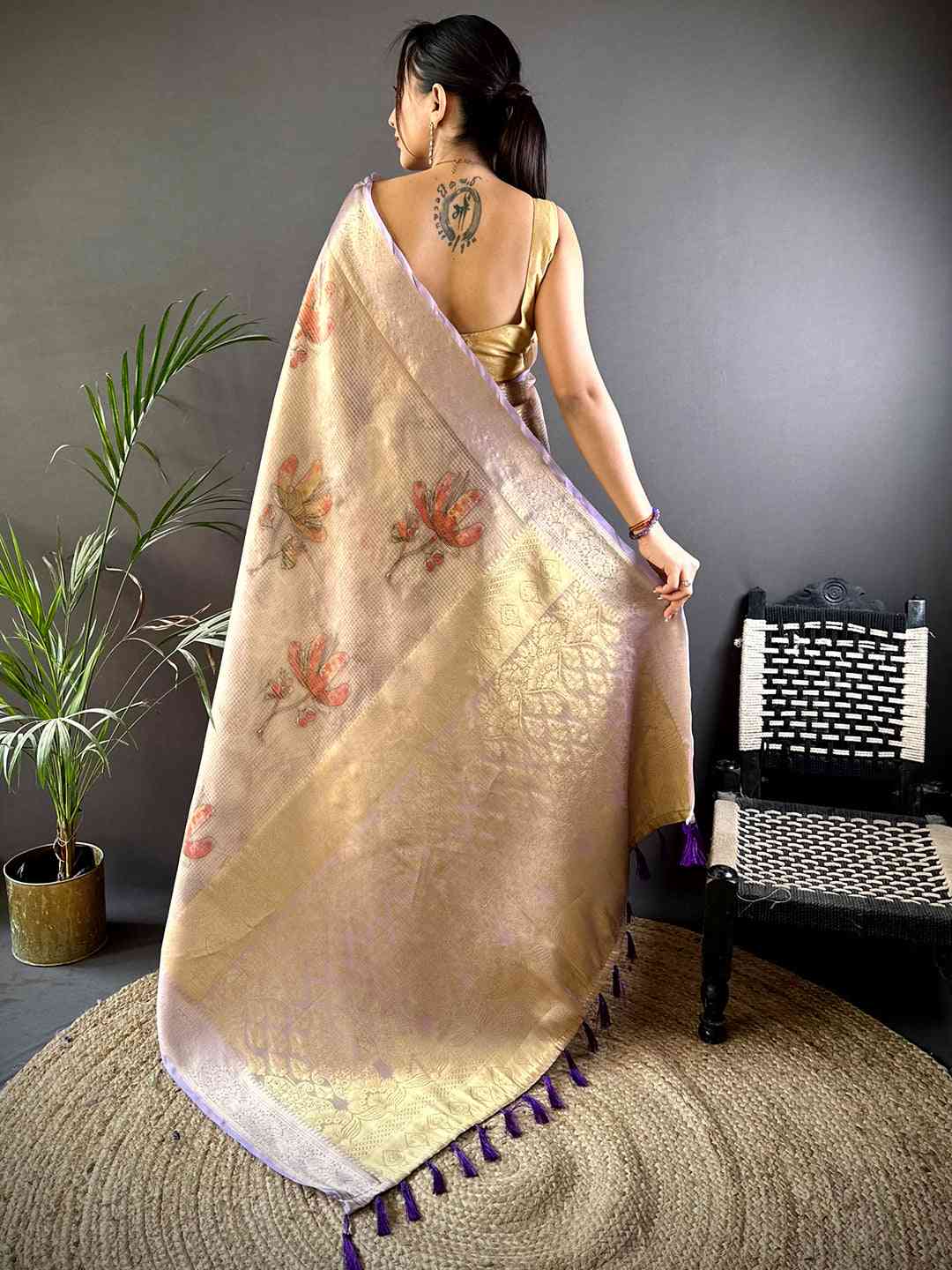 Stylish Lavender Self Gold Zari Floral Print Saree
