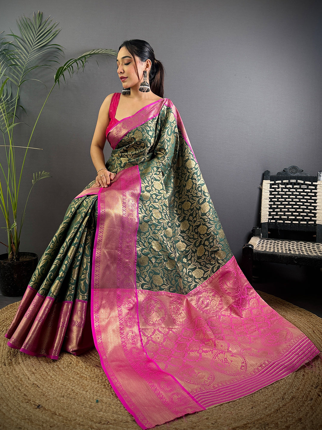 Green Floral Zari Banarasi Kanjivaram Silk Saree

