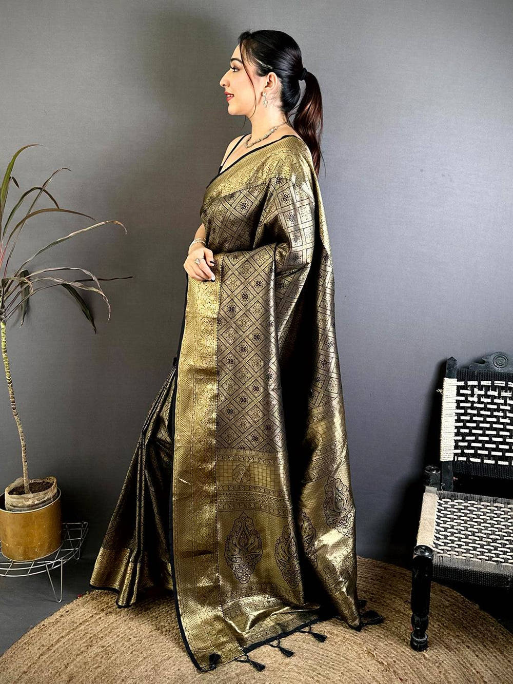 Stylish Kanjivaram Self Gold Zari Weave Saree