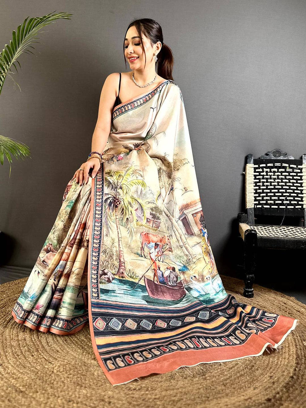 Stylish Free-Hand Semi Tussar Saree