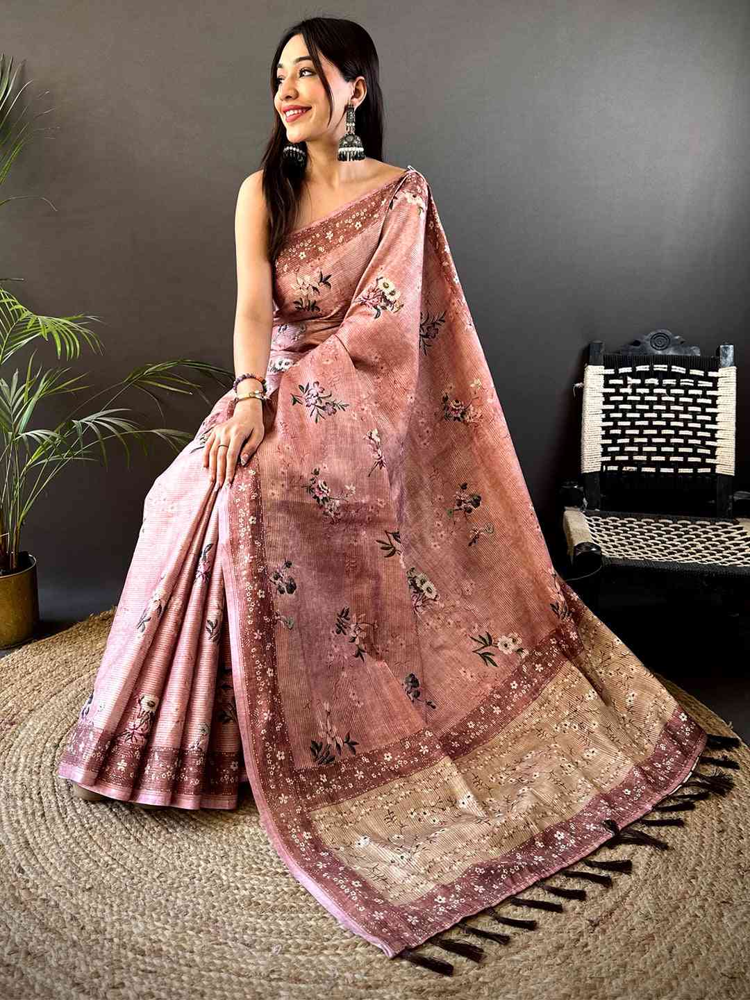 Pastel Pink Zari Tussar Floral Print Saree