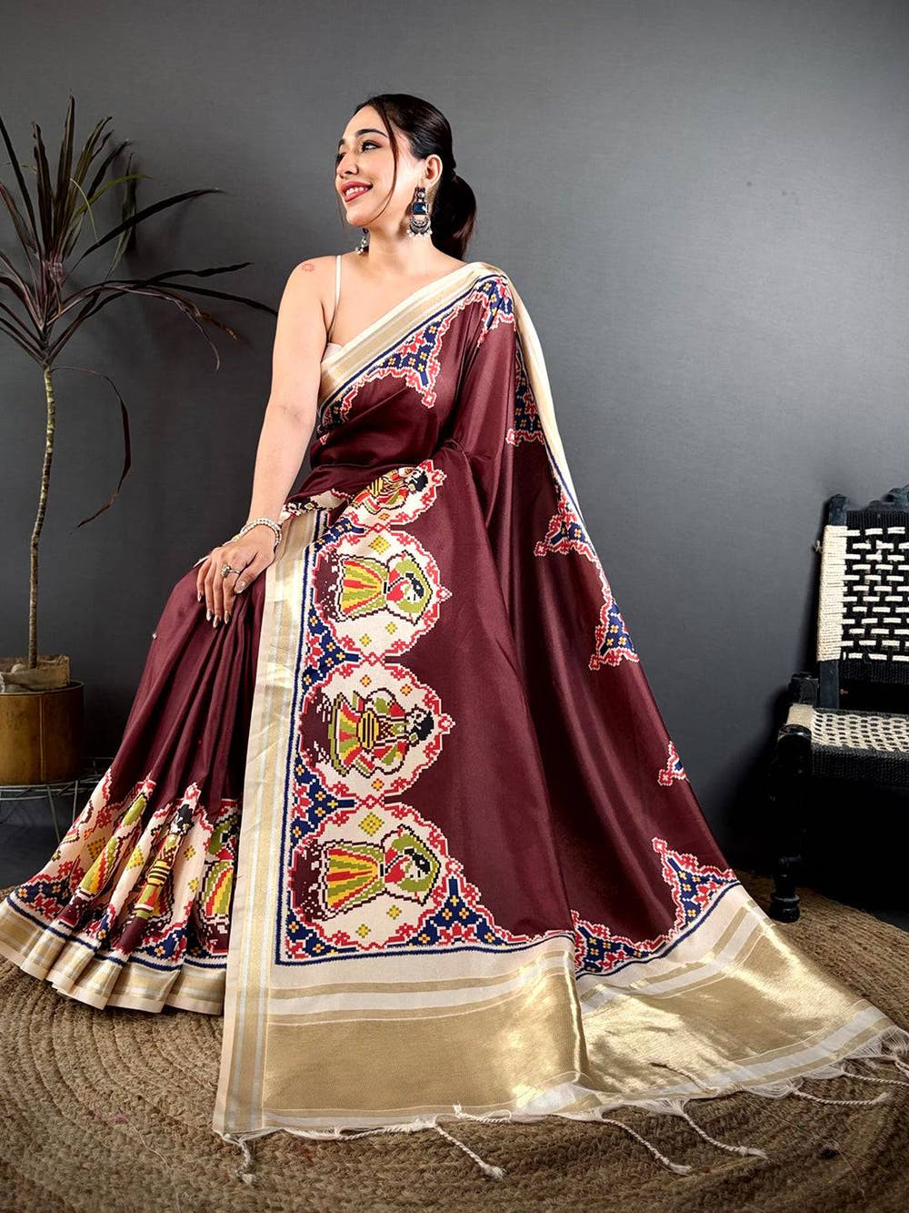 Maroon Patola Print Soft Kanchi Silk Saree