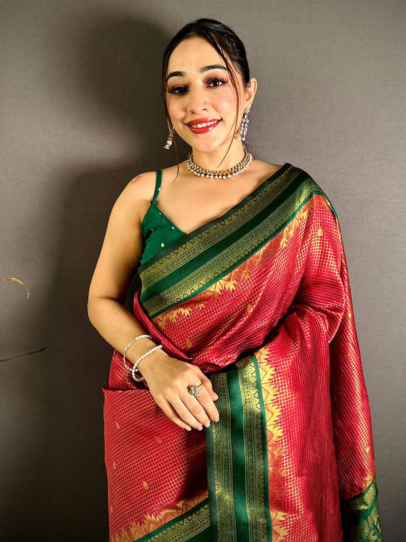 Red Banarasi Katan Silk Gadwal Zari Saree