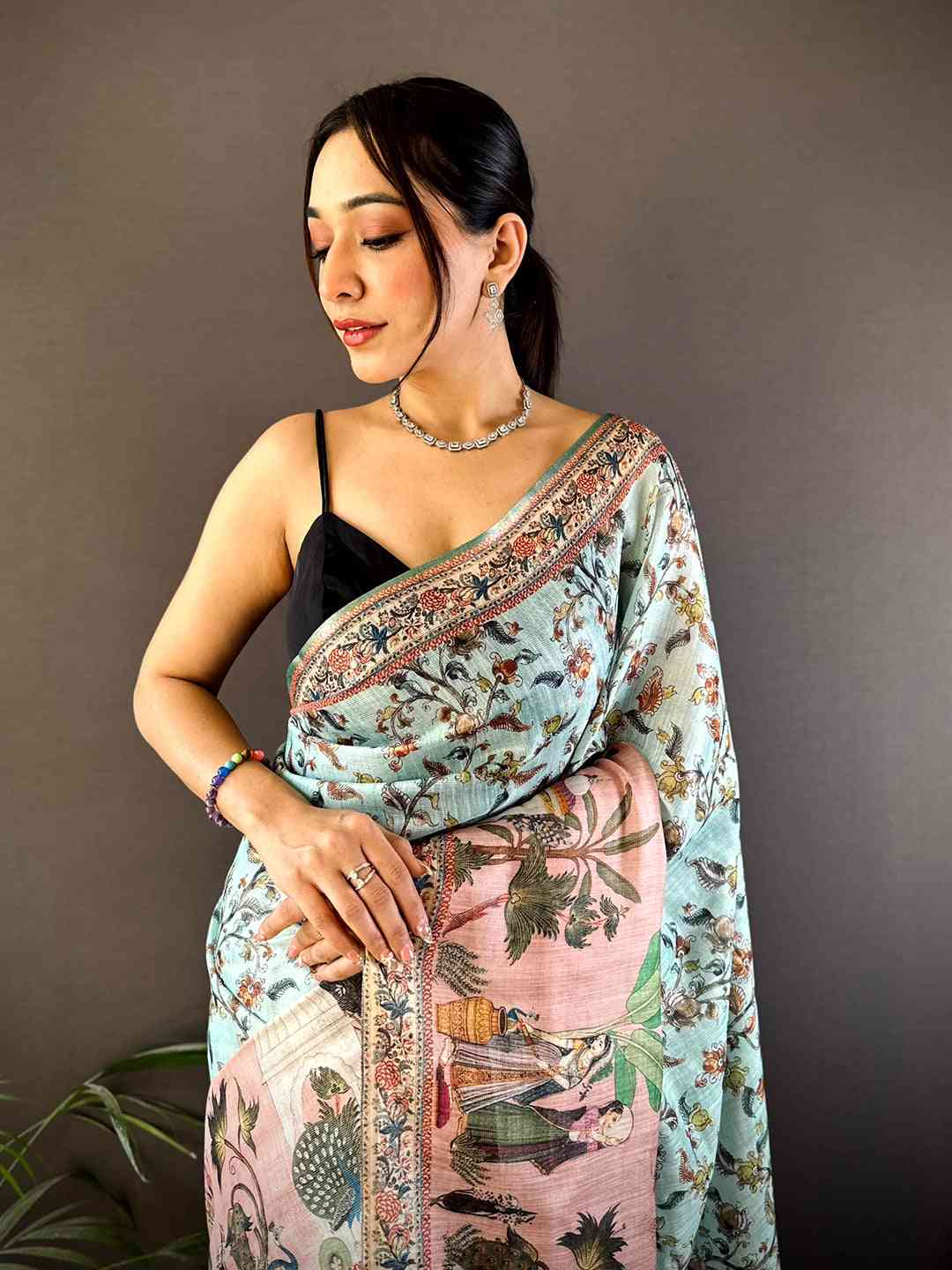 Light Blue Tussar Pashmina Kalamkari Saree