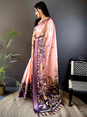 Pastel Pink Kota Doriya Zari Weave Digital Print Saree