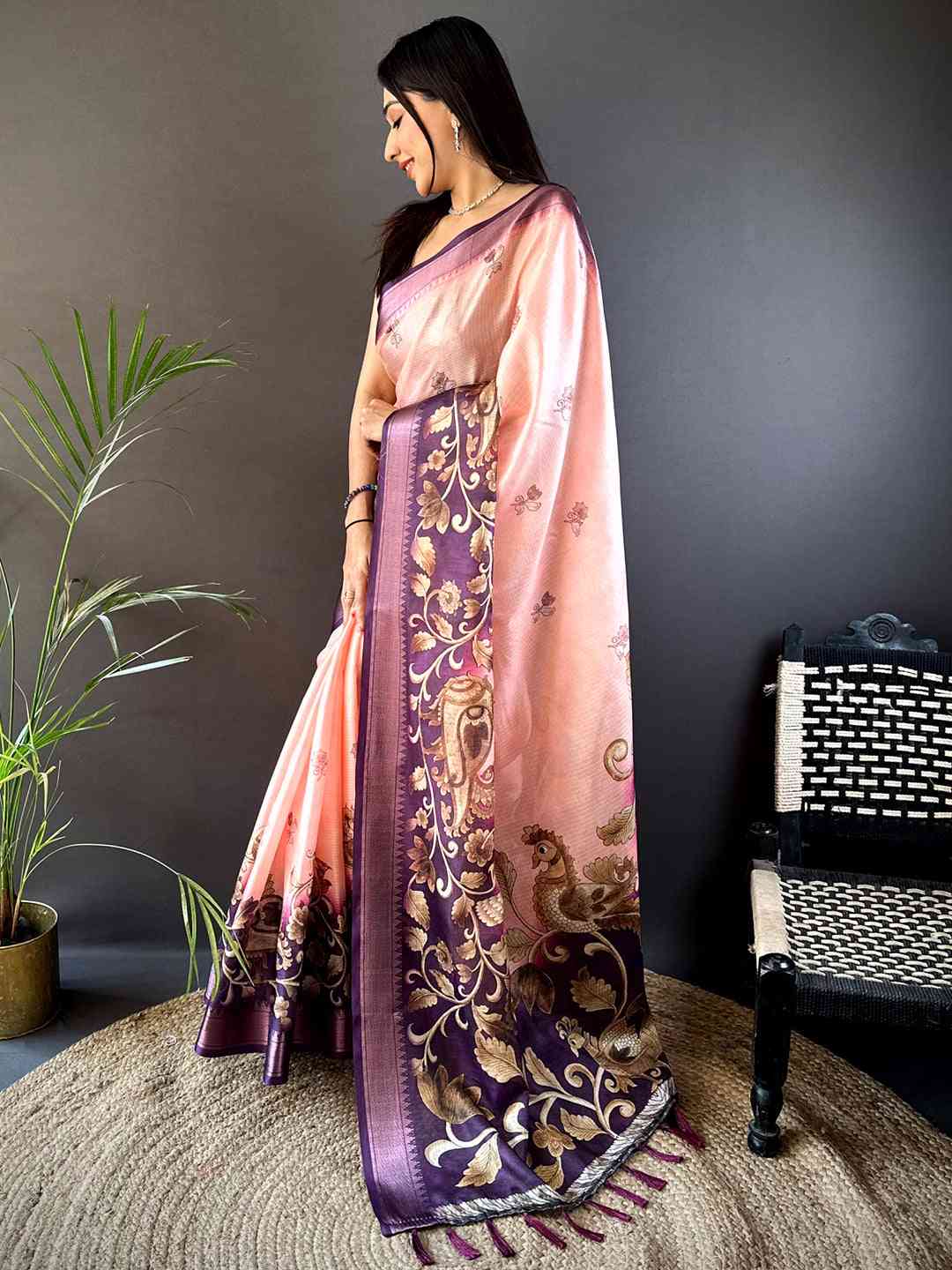 Pastel Pink Kota Doriya Zari Weave Digital Print Saree