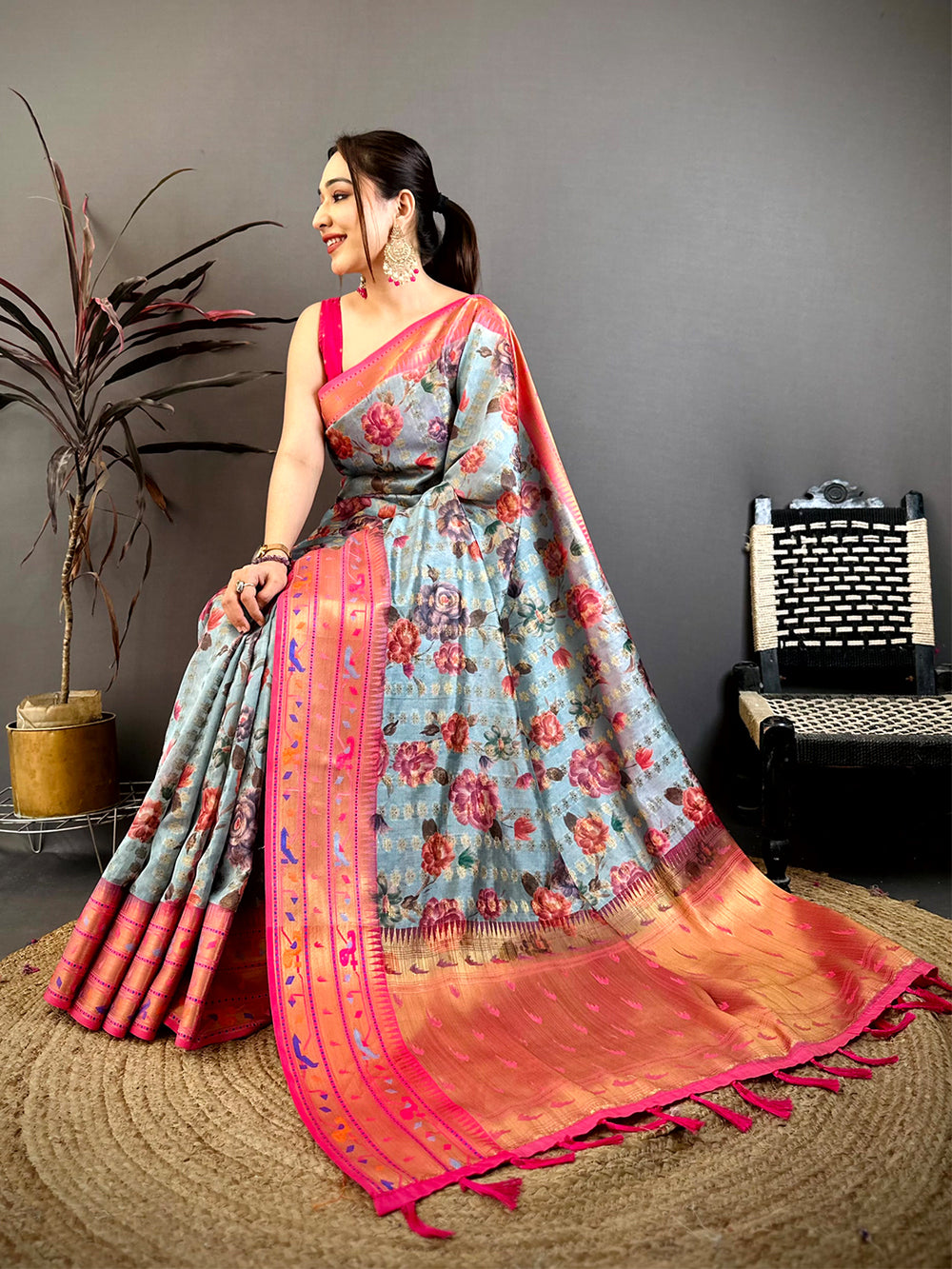 Sky Blue Paithani Border Kora Tissue Saree