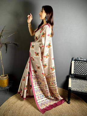 Madhubani Bird Pallu Tussar Saree