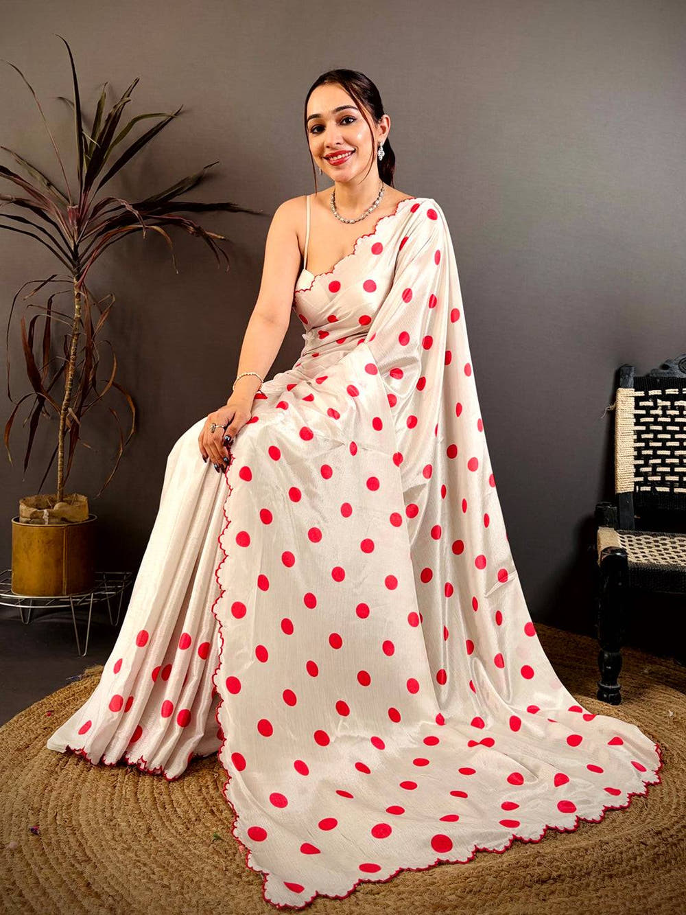 Soft Chinnon Chiffon Polka Dot Saree

