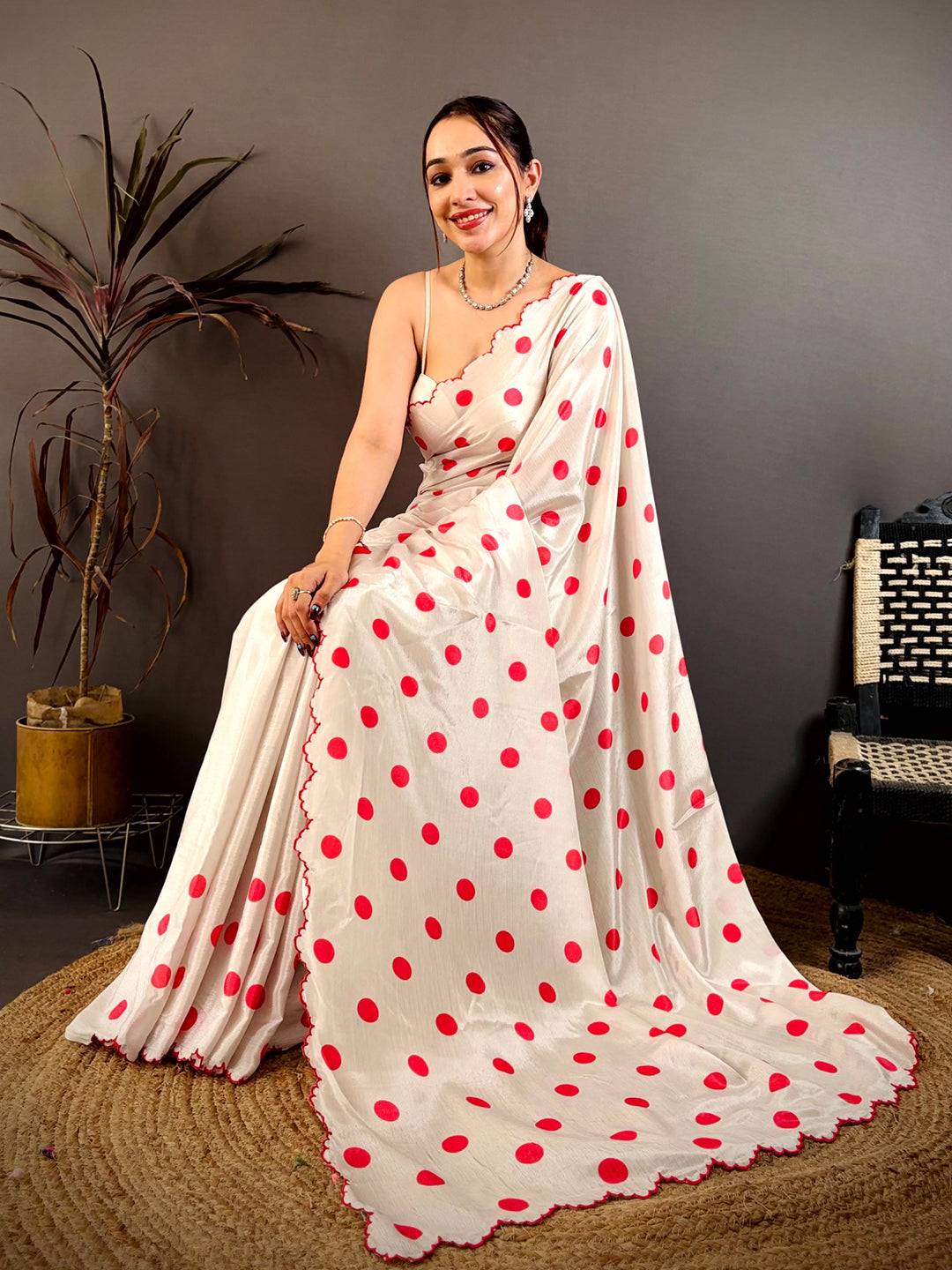 Soft Chinnon Chiffon Polka Dot Saree


