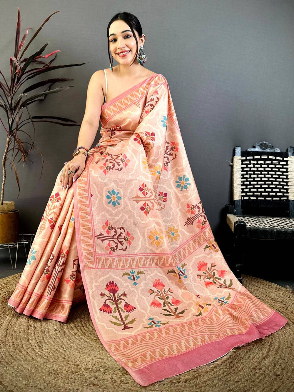 Peach Tussar Floral Digital Art Saree