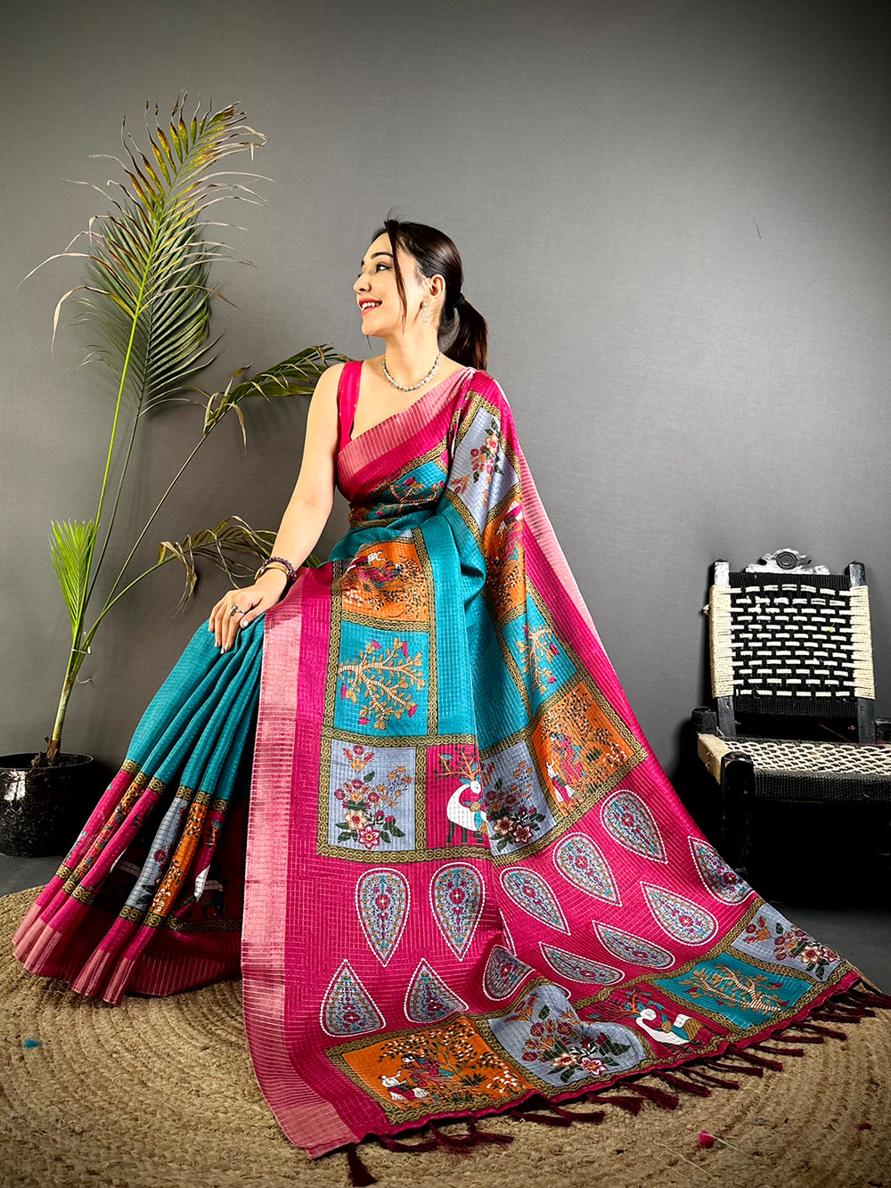 Rama Tussar Kalalmkari Print Saree