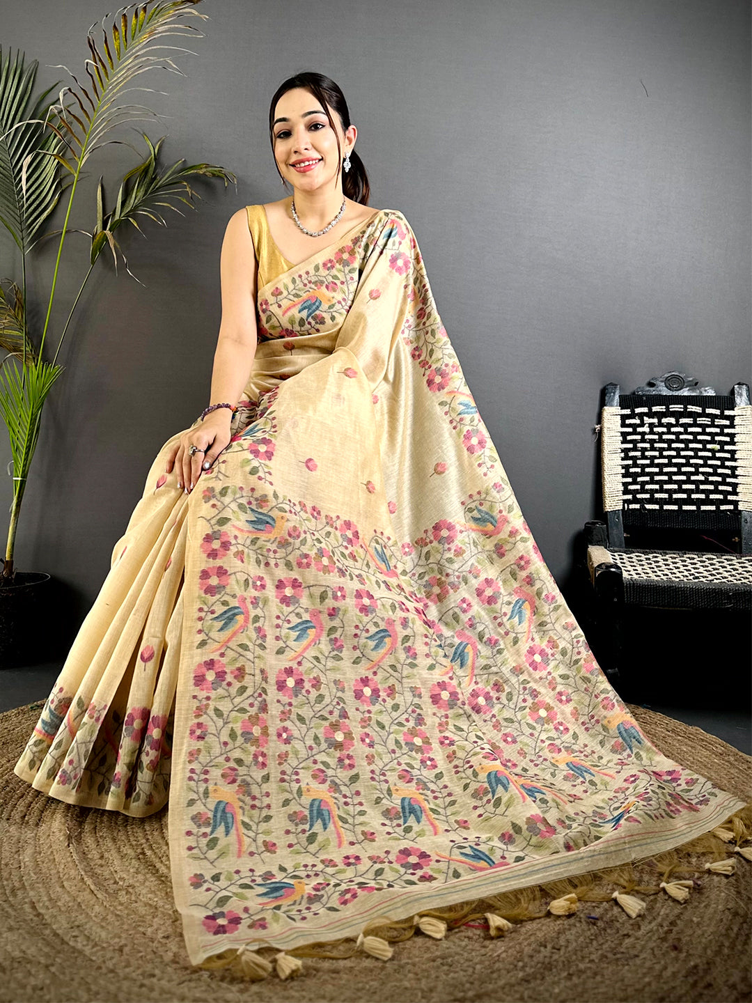 Royal Linen Slub Minakari Saree