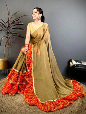 Stylish Soft Chiffon Bandhej Ruffle Saree