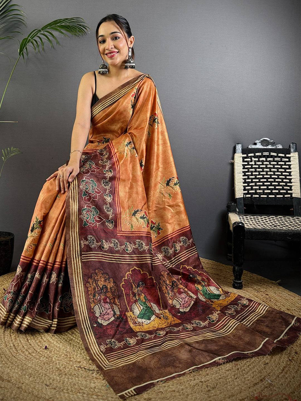 Rust Soft Dola Silk Printed Saree