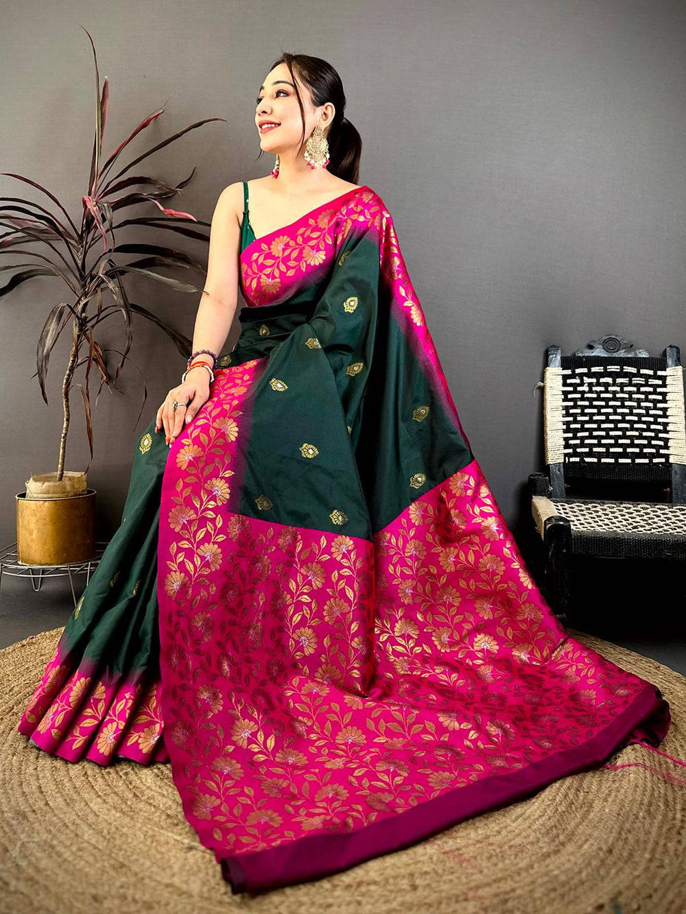 Deep Green Soft Silk Kanjivaram Saree with Pink and Gold Floral Design