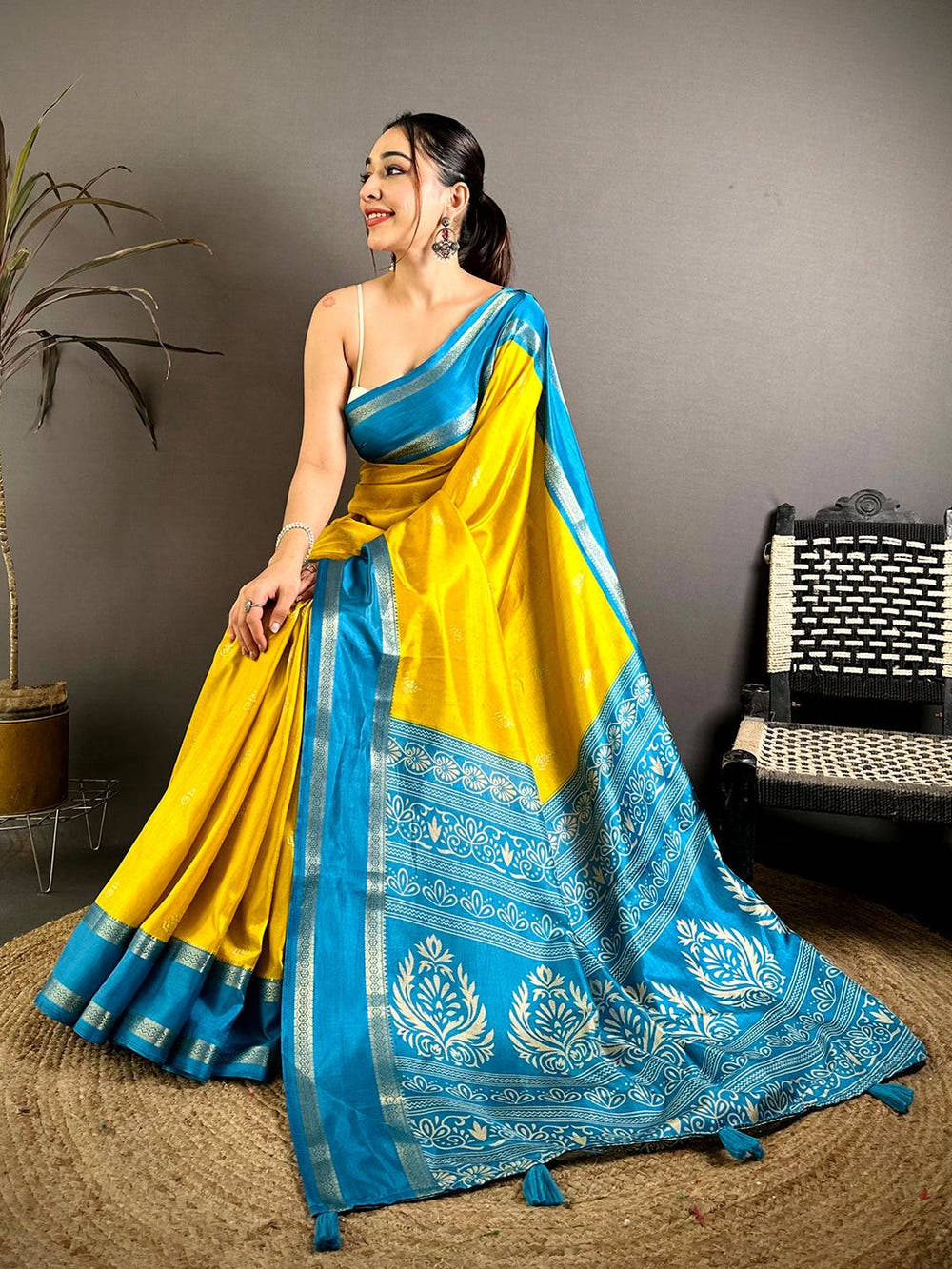 Yellow Soft Dola Block Print Pallu Saree