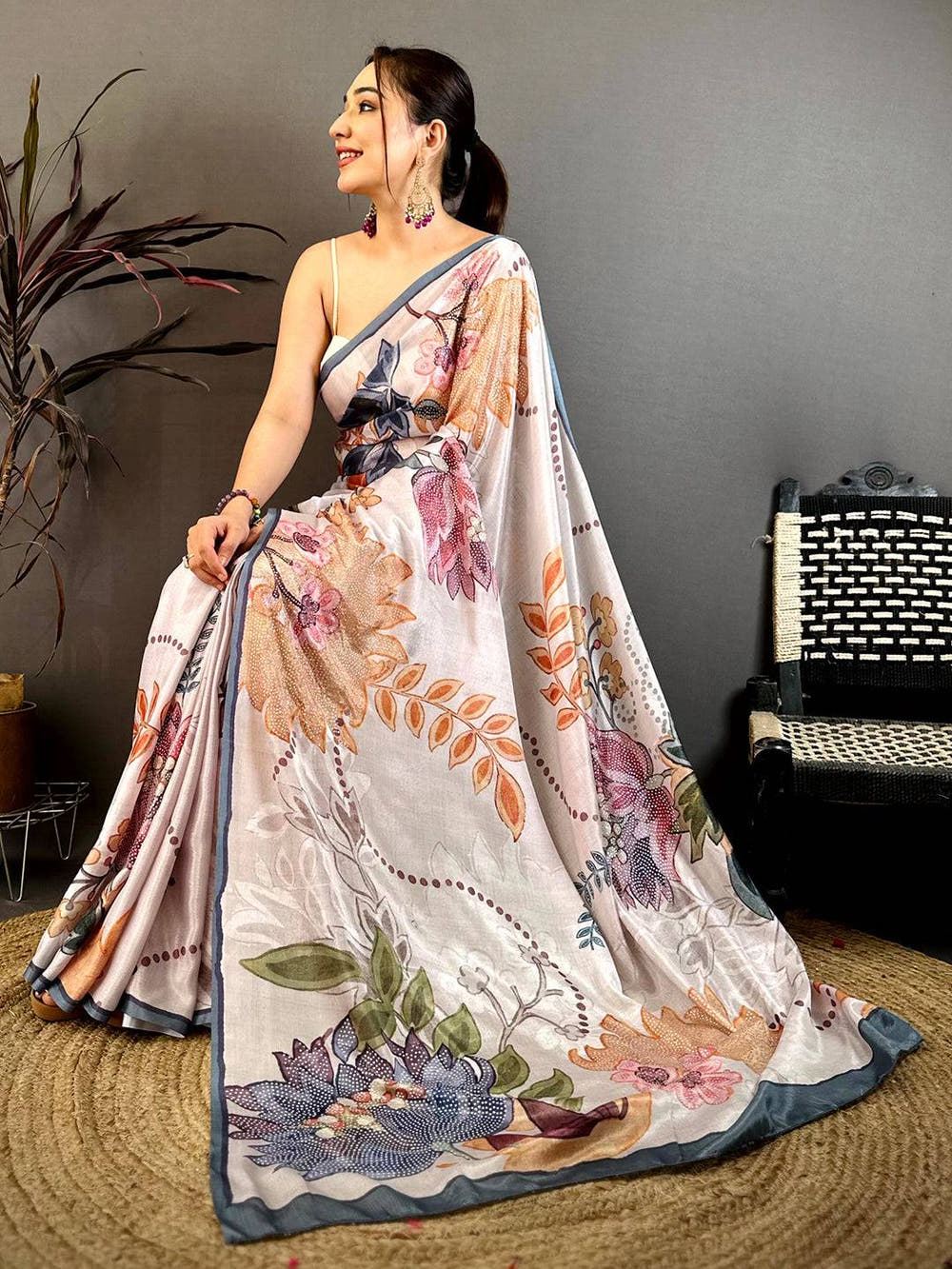 Light Grey Stone Work Floral Chinnon Saree