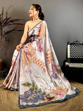 Light Grey Stone Work Floral Chinnon Saree