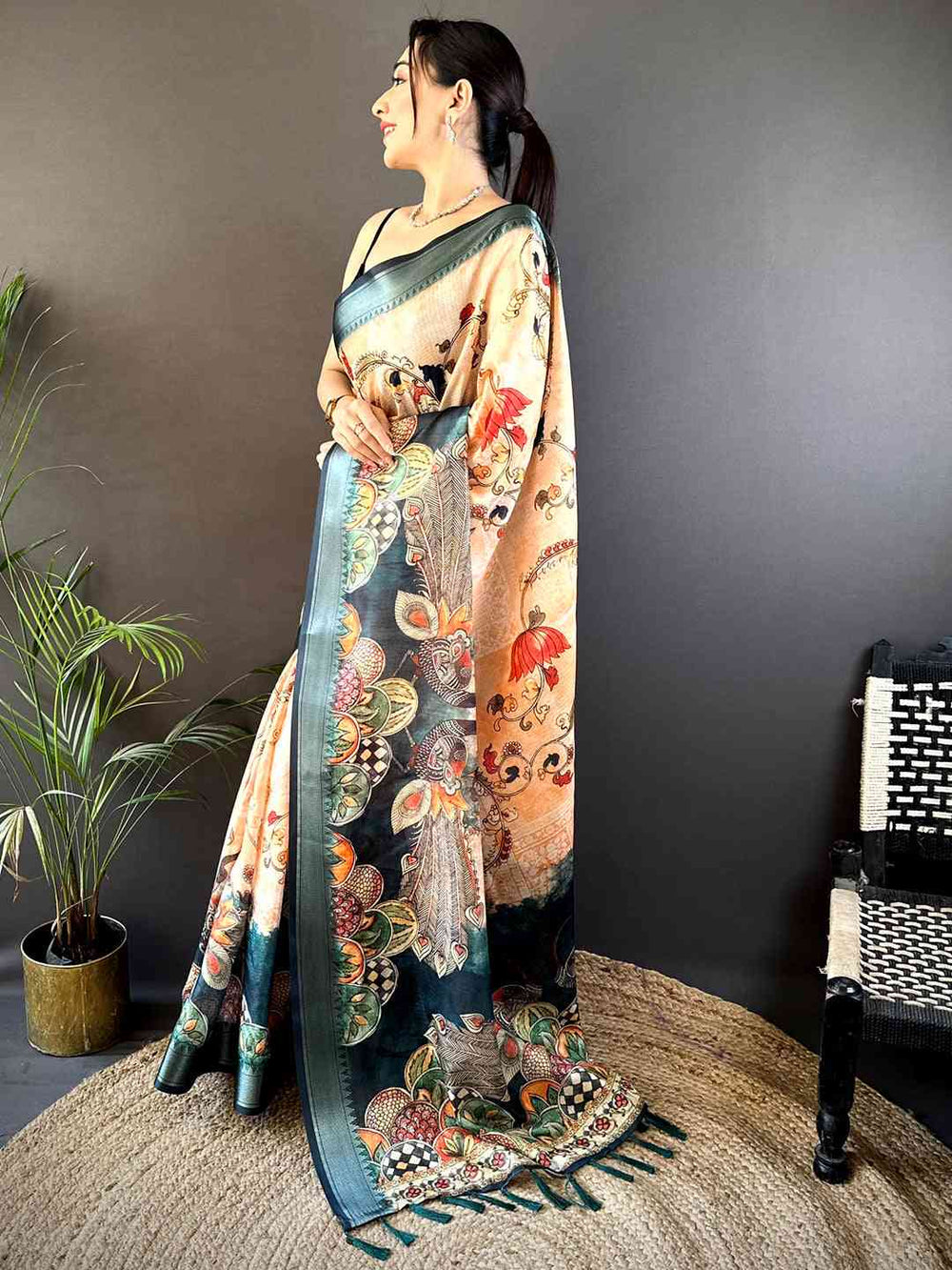 Beige Kota Doriya Zari Weave Digital Print Saree