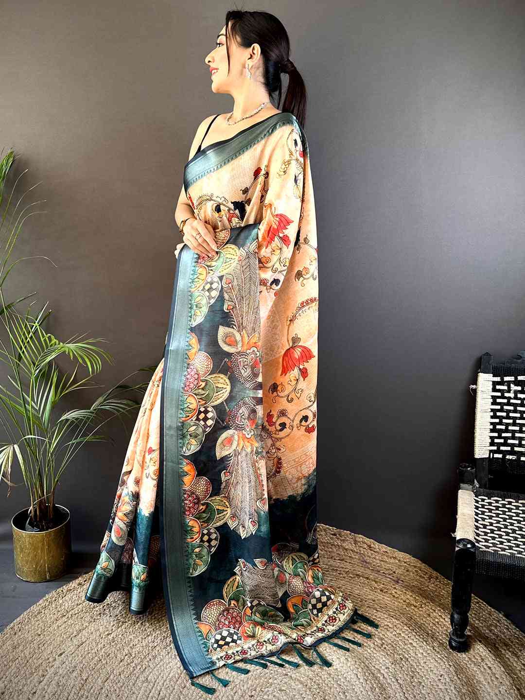 Beige Kota Doriya Zari Weave Digital Print Saree