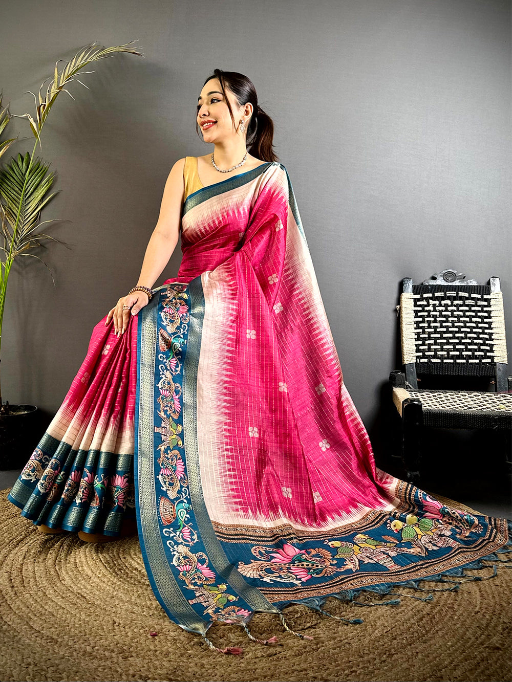 Pink Tanjore Art Semi Silk Saree