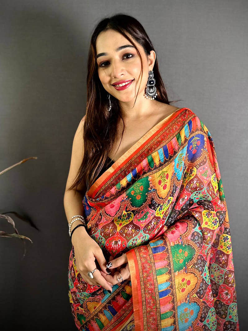 Celebrity Elegance Printed Linen Saree