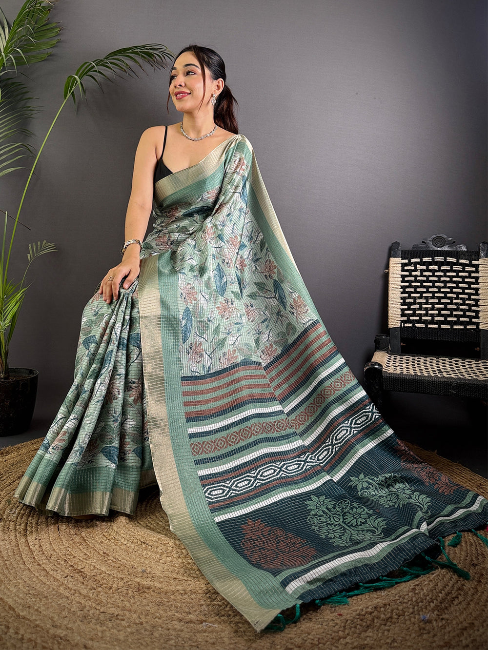 Green Tussar Chex Floral Print Saree