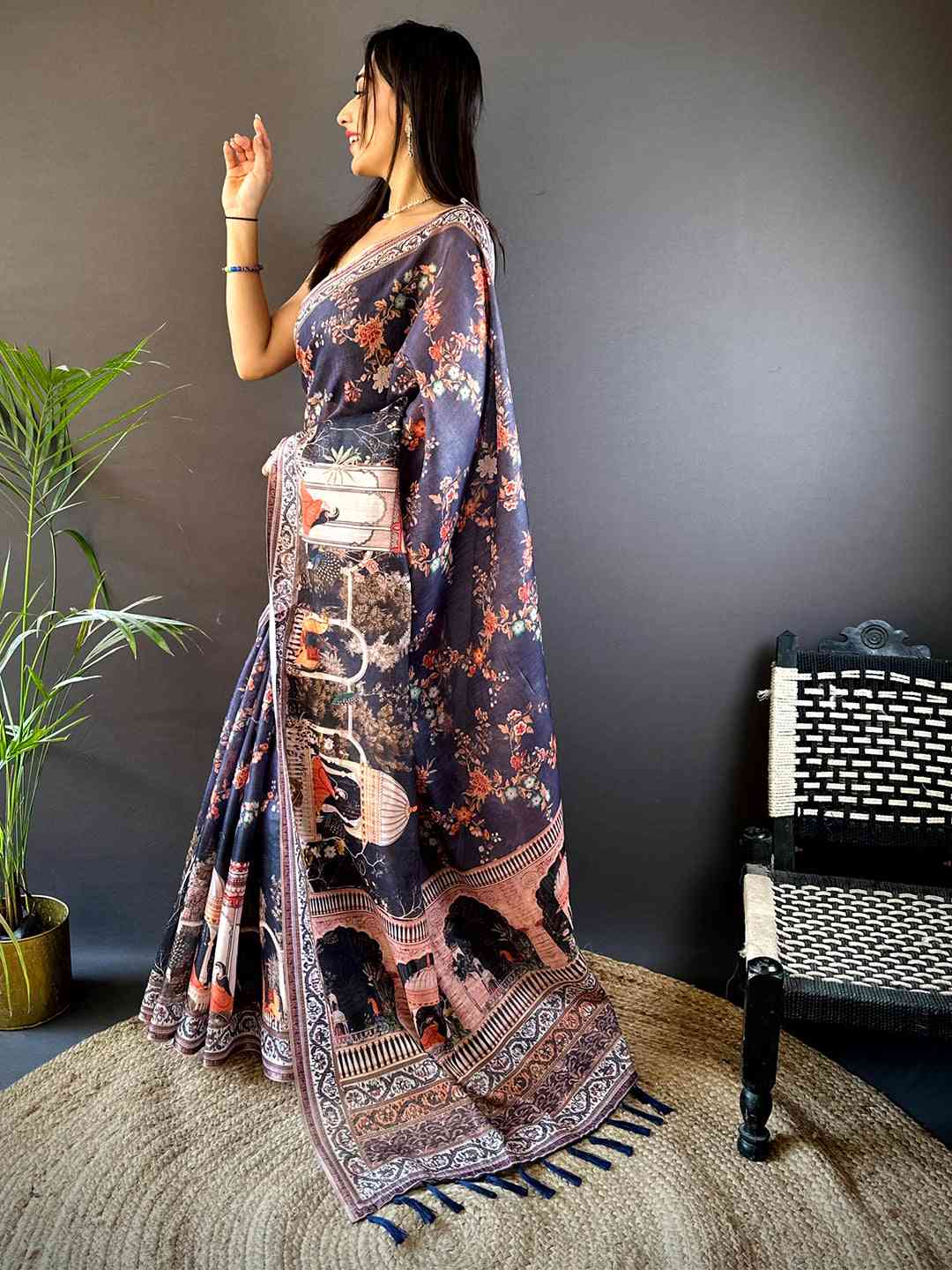 Navy Blue Tissue Chanderi Kalamkari Handprint Saree