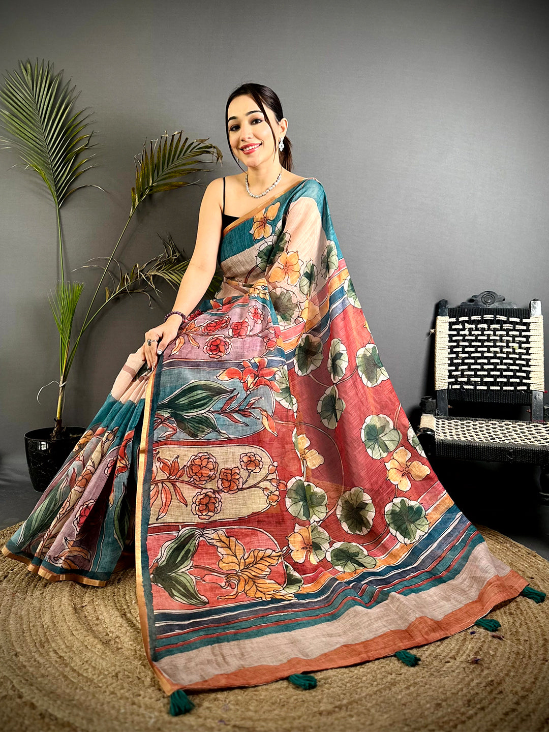 Heritage Hand Block Floral Linen Saree