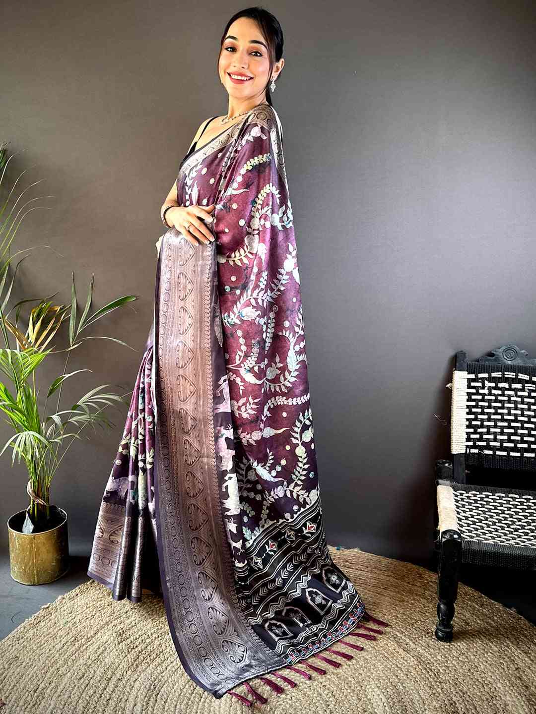 Lavender Floral Animal Batik Soft Silk Saree