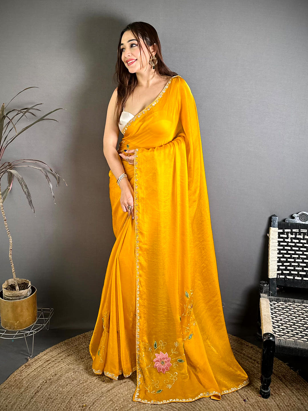 Yellow Embroidered Butta Satin Zari Saree
